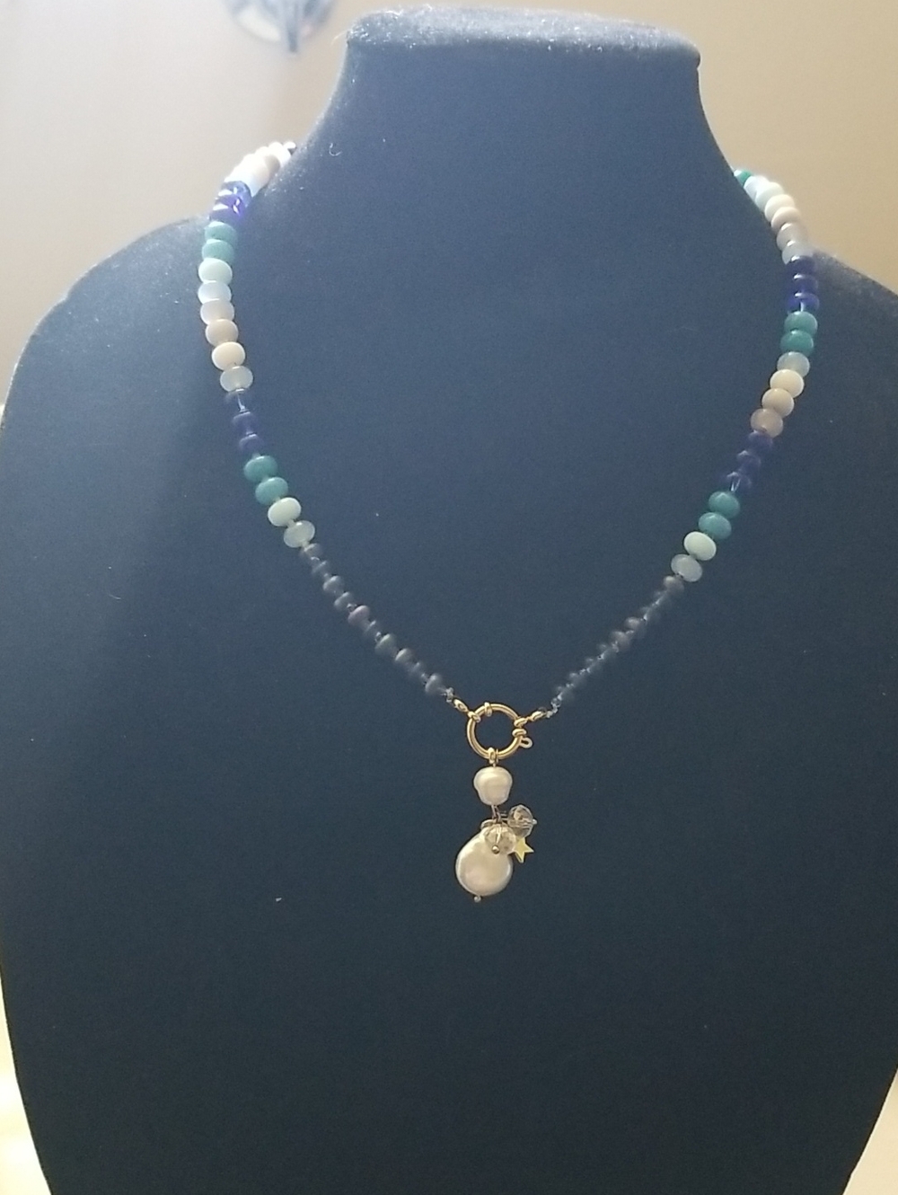 Blue & Aqua Beaded Necklace with Pearl Charm